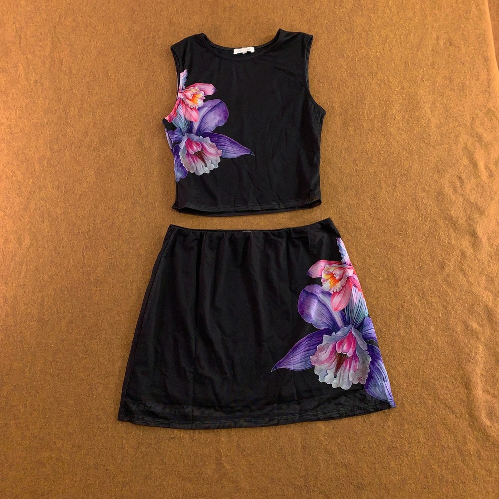 No Comment Women Large Black Floral Mesh Crop Top and Mini Skirt Set New